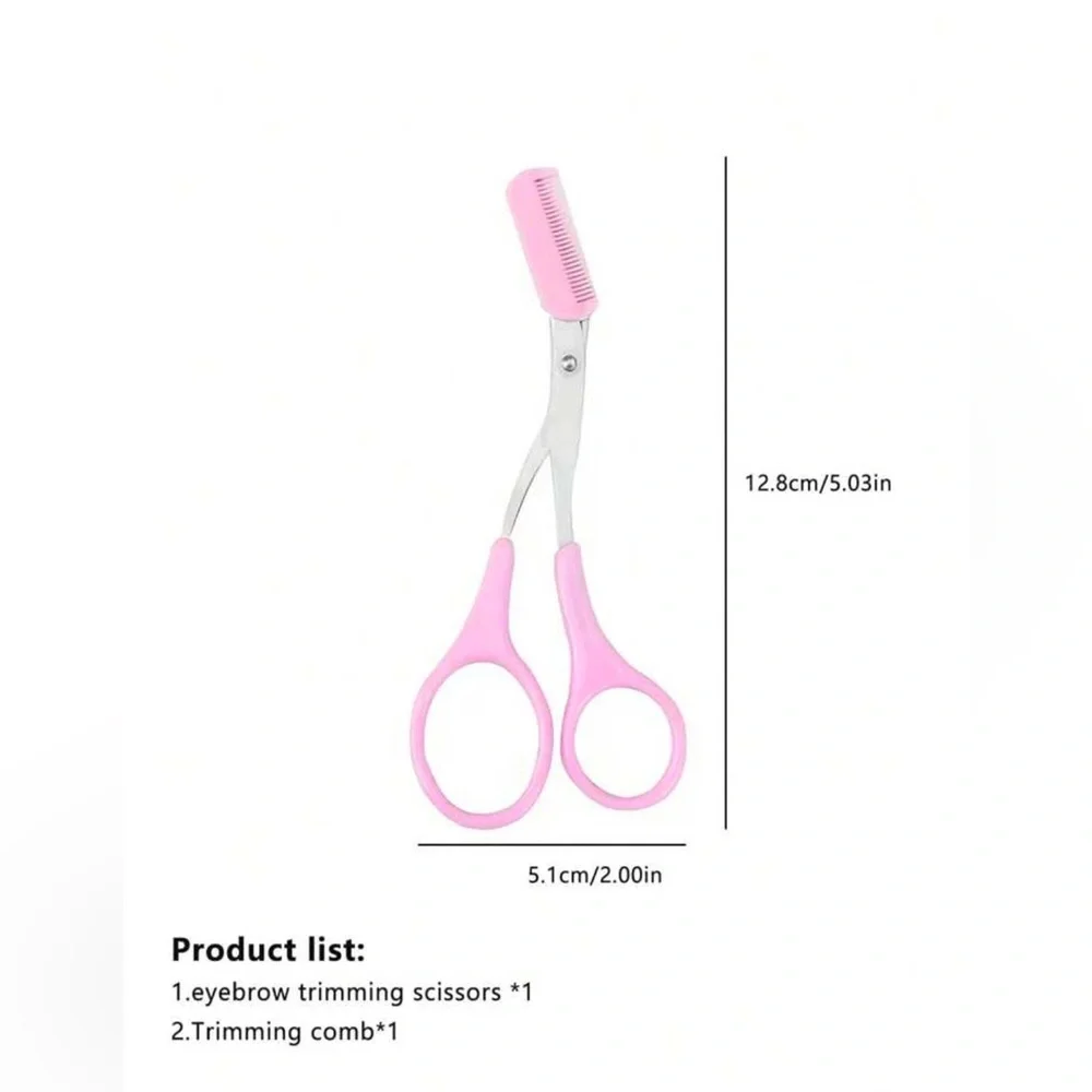 Pink Stainless Steel Eyebrow Scissors with Comb Attachment